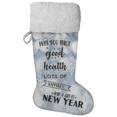 Fluffy Sherpa Lined Christmas Stocking - May You Have Good Health, Lots Of Happiness And A Great New Year (Design: White Snowflake)