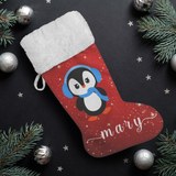 Personalised Name Fluffy Sherpa Lined Christmas Stocking - Penguin Girl (Design: Red)