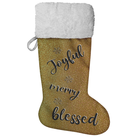 Fluffy Sherpa Lined Christmas Stocking - Joyful Merry Blessed (Design: Gold)
