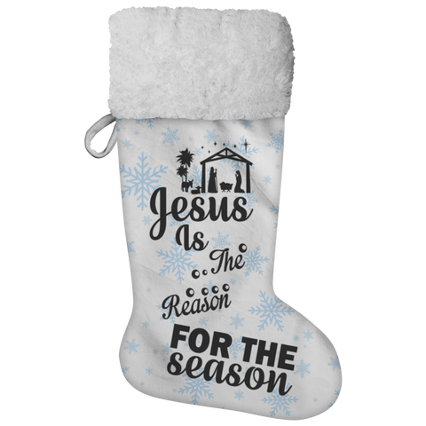 Fluffy Sherpa Lined Christmas Stocking - Jesus Is The Reason For The Season (Design: Blue Snowflake)