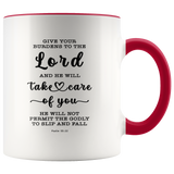 Typography Dishwasher Safe Accent Mugs - Cast Your Burden On The Lord ~Psalm 55:22~