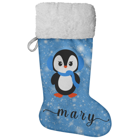 Personalised Name Fluffy Sherpa Lined Christmas Stocking - Penguin Girl (Design: Blue)