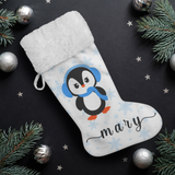 Personalised Name Fluffy Sherpa Lined Christmas Stocking - Penguin Girl (Design: Blue Snowflake)