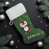 Personalised Name Fluffy Sherpa Lined Christmas Stocking - Penguin Boy (Design: Green