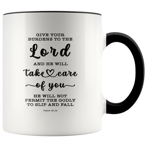 Typography Dishwasher Safe Accent Mugs - Cast Your Burden On The Lord ~Psalm 55:22~