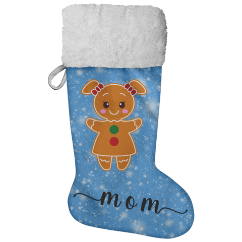 Personalised Name Fluffy Sherpa Lined Christmas Stocking - Gingerbread Woman (Design: Blue)