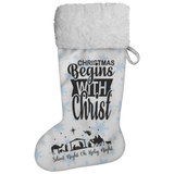 Fluffy Sherpa Lined Christmas Stocking - Christmas Begins With Christ (Design: Blue Snowflake)