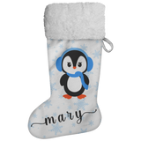 Personalised Name Fluffy Sherpa Lined Christmas Stocking - Penguin Girl (Design: Blue Snowflake)