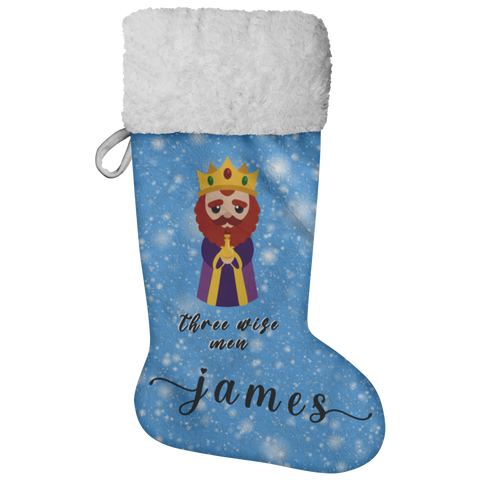 Personalised Name Fluffy Sherpa Lined Christmas Stocking - Wiseman 3 (Design: Blue)