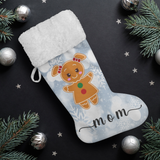 Personalised Name Fluffy Sherpa Lined Christmas Stocking - Gingerbread Woman (Design: White Snowflake)