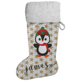 Personalised Name Fluffy Sherpa Lined Christmas Stocking - Penguin Boy (Design: Gold Star)