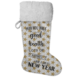 Fluffy Sherpa Lined Christmas Stocking - May You Have Good Health, Lots Of Happiness And A Great New Year (Design: Gold Star)