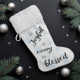 Fluffy Sherpa Lined Christmas Stocking - Joyful Merry Blessed (Design: Blue Snowflake)
