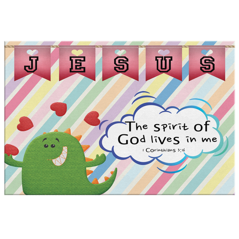 Hope Inspiring Nursery & Kids Bedroom Framed Canvas Wall Art - Spirit Of God Lives In Me ~1 Corinthians 3:16~ (Design: Dinosaur)
