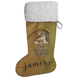 Personalised Name Fluffy Sherpa Lined Christmas Stocking - Our Saviour Is Born (Design: Gold)