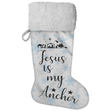 Fluffy Sherpa Lined Christmas Stocking - Jesus Is My Anchor (Design: Blue Snowflake)