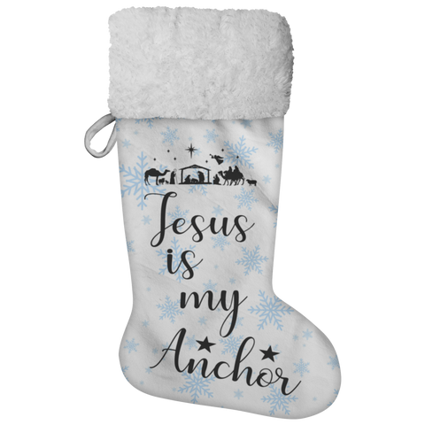 Fluffy Sherpa Lined Christmas Stocking - Jesus Is My Anchor (Design: Blue Snowflake)