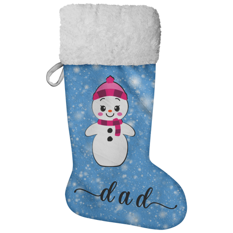 Personalised Name Fluffy Sherpa Lined Christmas Stocking - Snow Woman (Design: Blue)