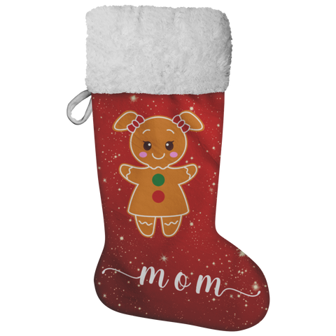 Personalised Name Fluffy Sherpa Lined Christmas Stocking - Gingerbread Woman (Design: Red)