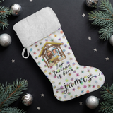 Personalised Name Fluffy Sherpa Lined Christmas Stocking - Our Saviour Is Born (Design: Rainbow Snowflake)