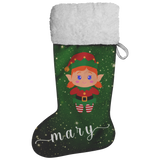 Personalised Name Fluffy Sherpa Lined Christmas Stocking - Elf Girl (Design: Green)