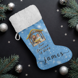 Personalised Name Fluffy Sherpa Lined Christmas Stocking - Our Saviour Is Born (Design: Blue)