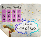Cozy Plush Baby Milestone Blanket - I Am A Child Of God ~John 1:12~ (Design: Monkey)