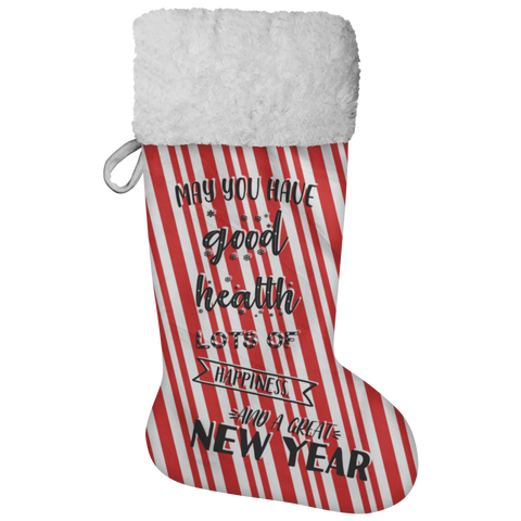 Fluffy Sherpa Lined Christmas Stocking - May You Have Good Health, Lots Of Happiness And A Great New Year (Design: Candy)