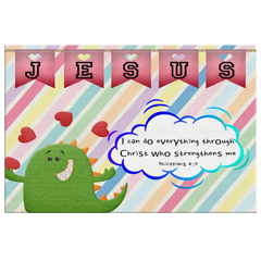 Hope Inspiring Nursery & Kids Bedroom Framed Canvas Wall Art - Christ Strengthens Me ~Philippians 4:13~ (Design: Dinosaur)