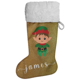 Personalised Name Fluffy Sherpa Lined Christmas Stocking - Elf Boy (Design: Gold)
