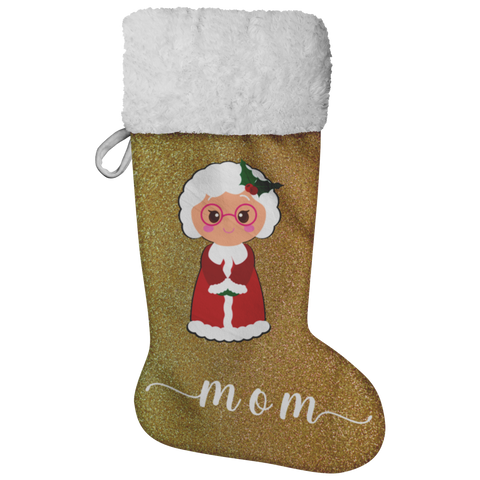 Personalised Name Fluffy Sherpa Lined Christmas Stocking - Mrs Claus (Design: Gold)