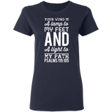 Bible Verse Ladies' 5.3 oz. T-Shirt - "Psalm 119:105" Design 3 (White Font) - Meditate Healing Christian Store