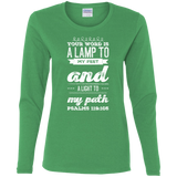 Bible Verse Ladies' Cotton Long Sleeve T-Shirt - "Psalm 119:105" Design 17 (White Font) - Meditate Healing Christian Store