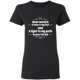 Bible Verse Ladies' 5.3 oz. T-Shirt - "Psalm 119:105" Design 1 (White Font) - Meditate Healing Christian Store