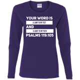 Bible Verse Ladies' Cotton Long Sleeve T-Shirt - "Psalm 119:105" Design 21 (White Font) - Meditate Healing Christian Store
