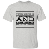 Bible Verse Men 5.3 oz. T-Shirt - "Psalm 119:105" Design 11 (Black Font) - Meditate Healing Christian Store