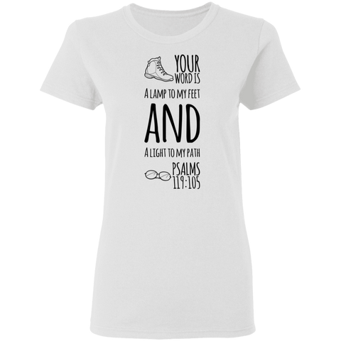 Bible Verse Ladies' 5.3 oz. T-Shirt - "Psalm 119:105" Design 20 (Black Font) - Meditate Healing Christian Store