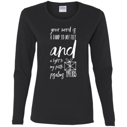 Bible Verse Ladies' Cotton Long Sleeve T-Shirt - "Psalm 119:105" Design 18 (White Font) - Meditate Healing Christian Store