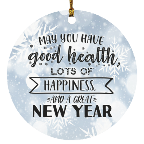 Durable MDF High-Gloss Christmas Ornament: May You Have Good Health, Lots Of Happiness And A Great New Year (Design: Round-White Snowflake)