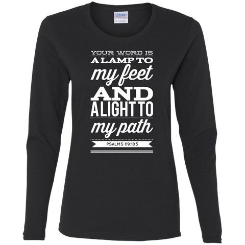 Bible Verse Ladies' Cotton Long Sleeve T-Shirt - "Psalm 119:105" Design 15 (White Font) - Meditate Healing Christian Store