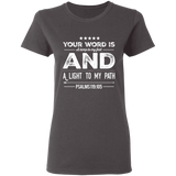 Bible Verse Ladies' 5.3 oz. T-Shirt - "Psalm 119:105" Design 16 (White Font) - Meditate Healing Christian Store