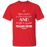 Bible Verse Men 5.3 oz. T-Shirt - "Psalm 119:105" Design 5 (White Font) - Meditate Healing Christian Store