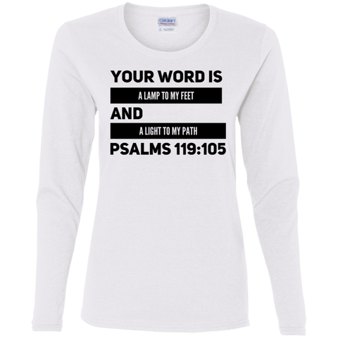 Bible Verse Ladies' Cotton Long Sleeve T-Shirt - "Psalm 119:105" Design 21 (Black Font) - Meditate Healing Christian Store
