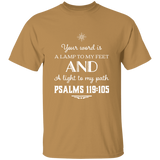 Bible Verse Men 5.3 oz. T-Shirt - "Psalm 119:105" Design 5 (White Font) - Meditate Healing Christian Store