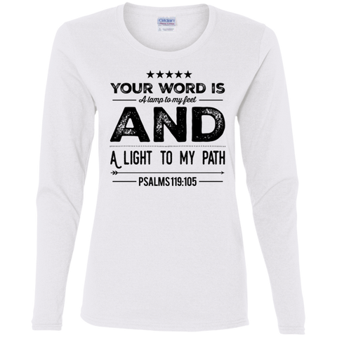 Bible Verse Ladies' Cotton Long Sleeve T-Shirt - "Psalm 119:105" Design 16 (Black Font) - Meditate Healing Christian Store