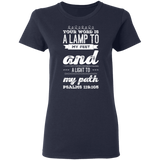 Bible Verse Ladies' 5.3 oz. T-Shirt - "Psalm 119:105" Design 17 (White Font) - Meditate Healing Christian Store