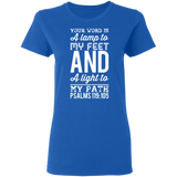 Bible Verse Ladies' 5.3 oz. T-Shirt - "Psalm 119:105" Design 3 (White Font) - Meditate Healing Christian Store