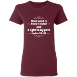 Bible Verse Ladies' 5.3 oz. T-Shirt - "Psalm 119:105" Design 1 (White Font) - Meditate Healing Christian Store