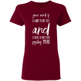 Bible Verse Ladies' 5.3 oz. T-Shirt - "Psalm 119:105" Design 9 (White Font) - Meditate Healing Christian Store