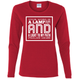 Bible Verse Ladies' Cotton Long Sleeve T-Shirt - "Psalm 119:105" Design 12 (White Font) - Meditate Healing Christian Store